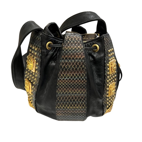 ST. MAARTEN Dallas 90s/Y2K Black/Multi Color Snake Embossed Leather Bucket Bag - Picture 12 of 13